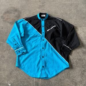 Vintage 90s Western Shirt Size M Blue Black Two Panel Grandad Collar Diagonal KM